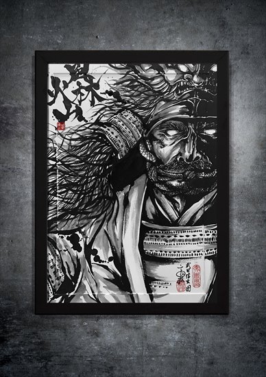 額装用のマットもキャンバスにする大胆な構図が特徴の代表作『武田信玄公』