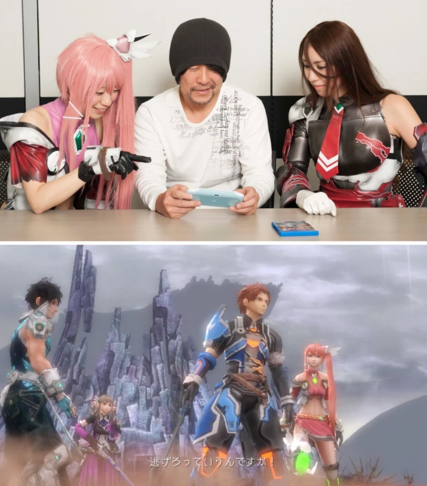  【画像上】ＡＫＡＮＥさん＆ぱいぱいでか美さんにみっちりゲームの指導を受ける貝山編集長。「おふたりのノエルはどうだったのかな？」とトークもなめらか！【画像下】ひとりでプレイするだけでなく、仲間との共闘も熱い「ファンタシースター　ノヴァ」