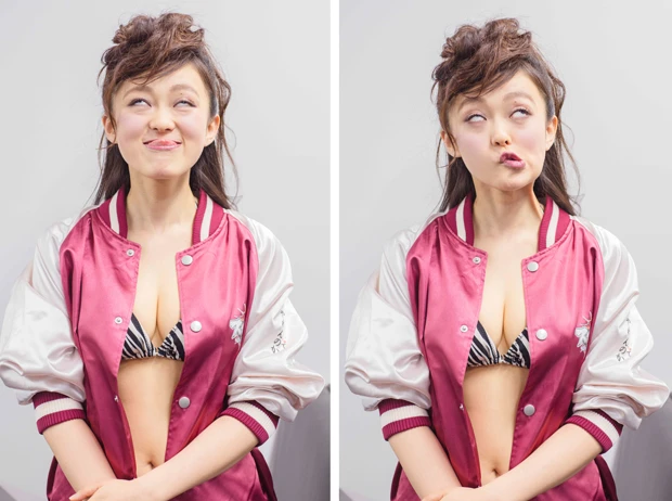  『スカッズ～最凶の絆～』の爽快感を変顔で再現中の山地さん（左）。「あたしがメンチ切る時はこれです！」という山地さん。これは不良も逃げ出す閲覧要注意フェイスかと！（右）