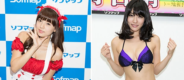 軟乳を嫌がる篠崎愛ちゃん(左)と、DVDで揺らしまくって有効活用する今野杏南ちゃん