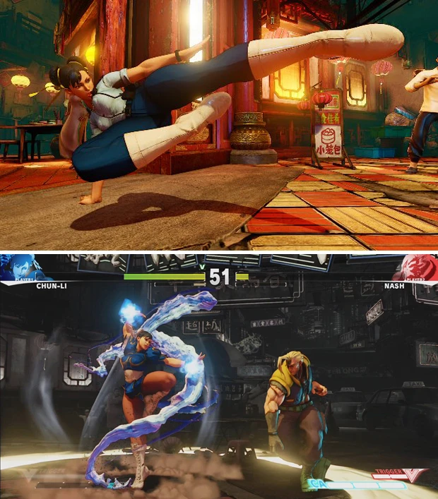  【上】春麗は通常のチャイナ服以外に新人警察官の制服も登場。こちらは「ストーリーモード」をクリアして入手できる【下】オンラインでの対戦だけでなく、豊富なモードがあり、格闘ゲーム初心者でも安心。新キャラの登場にも期待！