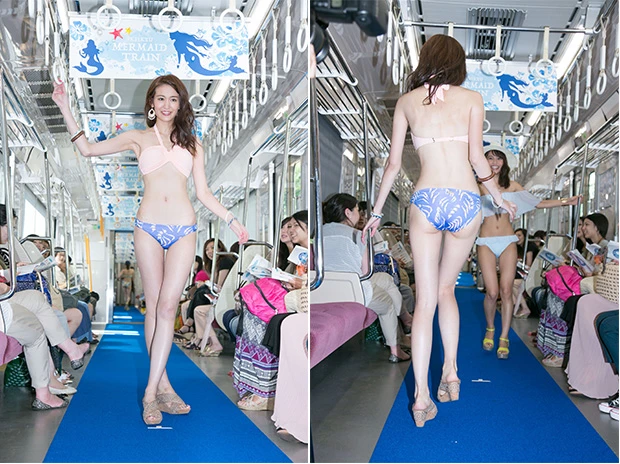  走行中の電車で行なったためふらつく場面も。電車ならではのつり革を使ったポーズも見られた。モデルは坂本くるみ