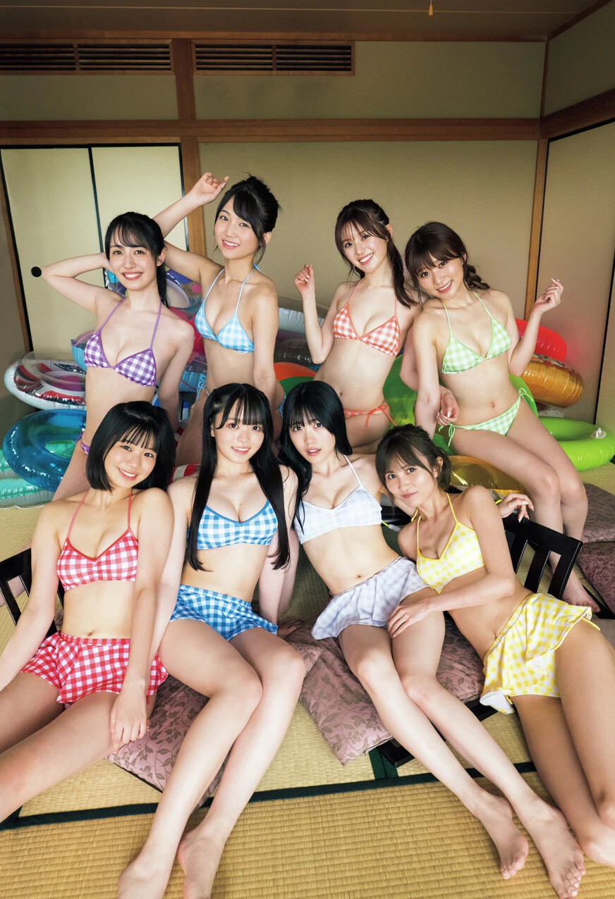 『週刊プレイボーイ』のグラビアに登場したSUPER☆GiRLS。(上段・左から)長尾しおり、門林有羽、萩田帆風、坂林佳奈、(下段・左から)竹内ななみ、田中 想、樋口なづな、金澤有希