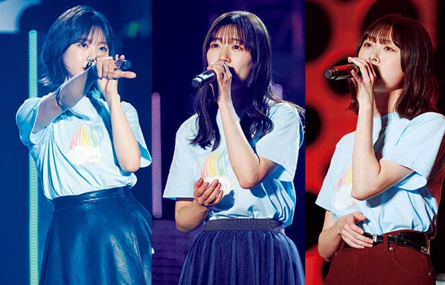 各公演にはそれぞれ、富田鈴花（左）、佐々木美玲（中央）、髙橋未来虹（右）といった、歌唱力に定評がある先輩メンバーも出演。経験値の高さを感じさせる3人の歌声は会場中を圧倒していた