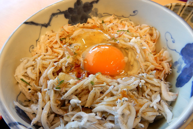 「道の駅　藤川宿」で食べたしらす丼。とれたての釜揚げしらすがおいしくないわけがない。土産物も充実しておりオススメの休憩スポット