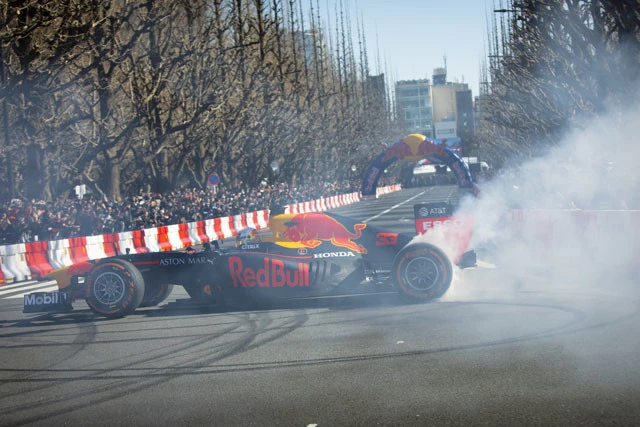 白煙を上げながら鮮やかなスピンターンを決めるフェルスタッペン
