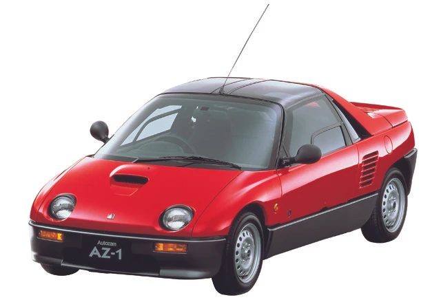 10位「ABCトリオ」マツダ「AZ-1」1992年デビュー。ガルウイングドアを採用。エンジンはスズキのアルトワークスに搭載の直3ターボだった