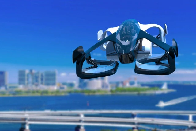 日本「ＳｋｙＤｒｉｖｅ（スカイドライブ）」〈ふたり乗り〉、航行速度：１００ｋｍ／ｈ（飛行仕様）、航続距離：２０～３０ｋｍ　愛知県豊田市に開発拠点を置くスカイドライブは２０１８年に設立。トヨタや三菱重工などの元社員が役員を務める。写真はコンセプトモデルで、機体の四隅に８つのプロペラがあるマルチコプター型を開発中。価格は４０００万～５０００万円。２５年の万博で空飛ぶタクシーの運行を目指す
