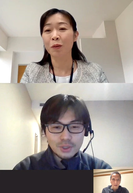 ＭＸ‐３０主査・竹内都美子氏（上）と車両開発本部 操安性能開発部・梅津大輔氏。新型コロナ感染拡大防止のため開発者のインタビューはリモートで行なわれた。オンラインでもオザワのネチネチ取材が大爆発。マツダの「ＥＶ戦略」にも触れた！