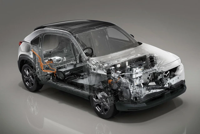 ＭＸ‐３０ＥＶモデルの主な注目点（１）３５．５ｋＷｈのリチウムイオンバッテリーを搭載。バッテリーは３５．５ｋＷｈと車格的には小容量だが、マツダいわく、「製造・走行・廃車までのトータルのＣＯ２の排出量削減が重要。それゆえ地球環境を踏まえると、この電力量が最適解」とのこと