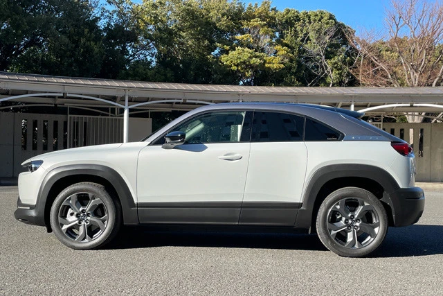 リアのサイドガラスには「ELECTRIC」のステッカー。事故などの際、リアの横窓に貼られたステッカーが「大量のリチウムイオンバッテリー搭載車なので爆発の危険性も」と周知する