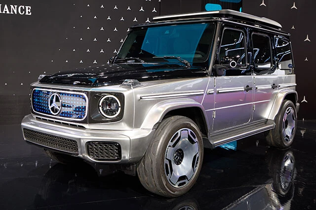 第8位　メルセデス・ベンツ「コンセプトEQG」ジャパンモビリティショーに出展されたコンセプトEQG。ラダーフレームと専用設計のサスでオフロード走行も余裕でこなすという