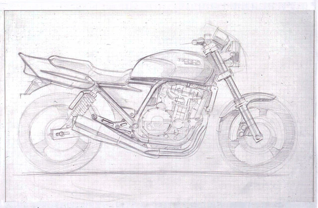 デザイナーの岸氏が方眼紙に熱き思いをぶつけたラフスケッチ。CB1000はここから始まった