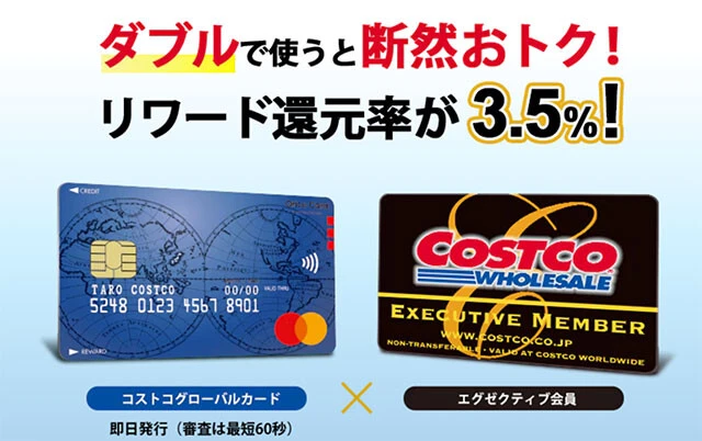 ガソリンが安いことで有名なコストコでは専用クレカである「コストコグローバルカード」（初年度年会費／無料　＊2年目以降1375円）を発行。その還元率は1.5％。コストコのクレカ払いはマスターカードのみに対応し、各社の高還元クレカも利用可能