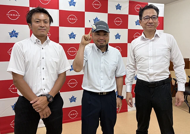新型リーフを＂公式魔改造＂した日産の開発メンバー。左から佐藤信秋氏、長谷川聖氏、足立浩哉氏
