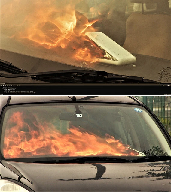 炎天下の車内に放置されたモバイルバッテリーが発火する様子を再現した試験。車内温度の上昇をきっかけに熱暴走が起こり、逃げ場のない密閉空間で一気に火勢が強まった。日常的に起こりうるリスクであることがわかる（写真提供／NITE）