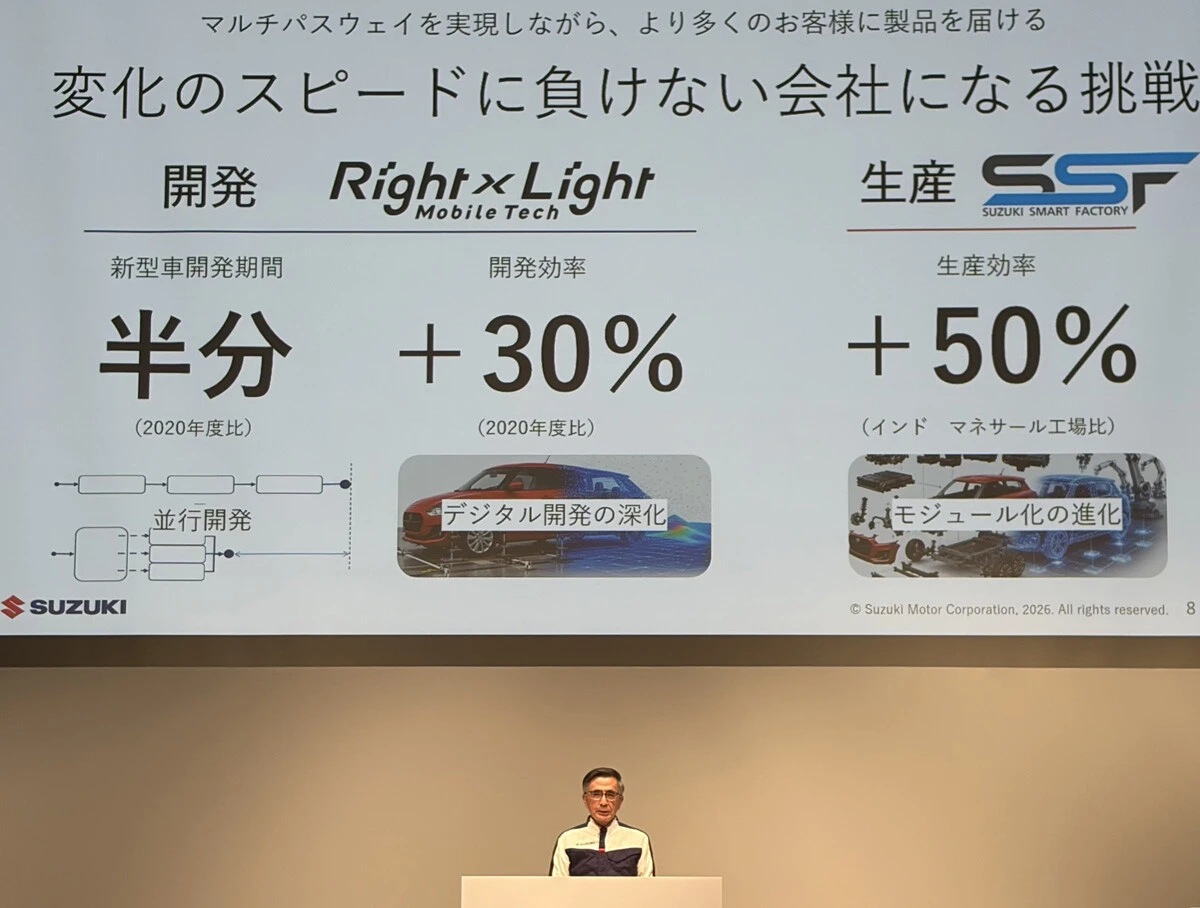 東京都品川区で開催された報道陣向けの技術戦略説明会で、スズキの今後の方針を説明する鈴木俊宏社長