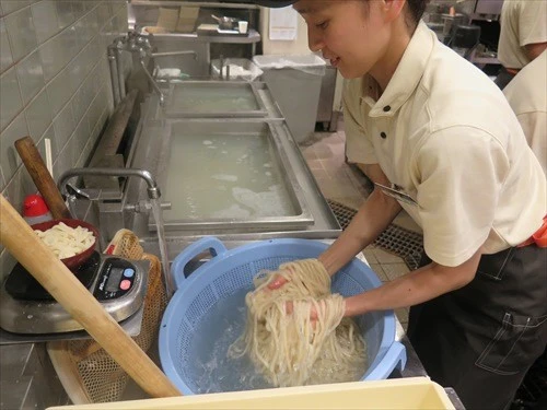 讃岐うどんを提供する、はなまる。茹であがった麺はすぐに水でしめられ、なるべく早く客の元に届けられる