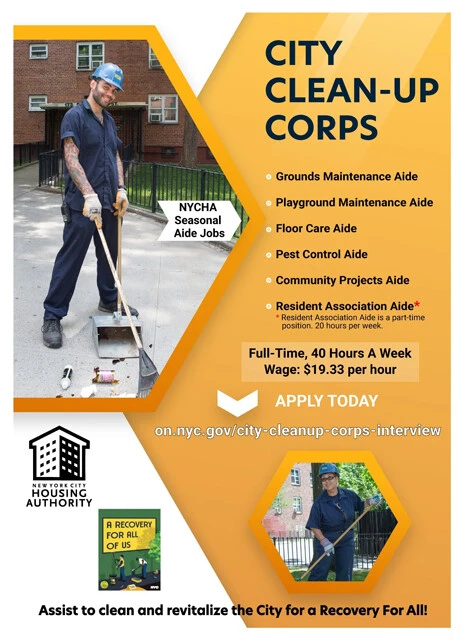 ニューヨーク市住宅局による清掃員の求人広告。時給は19.33ドル(約2700円)と書かれてある