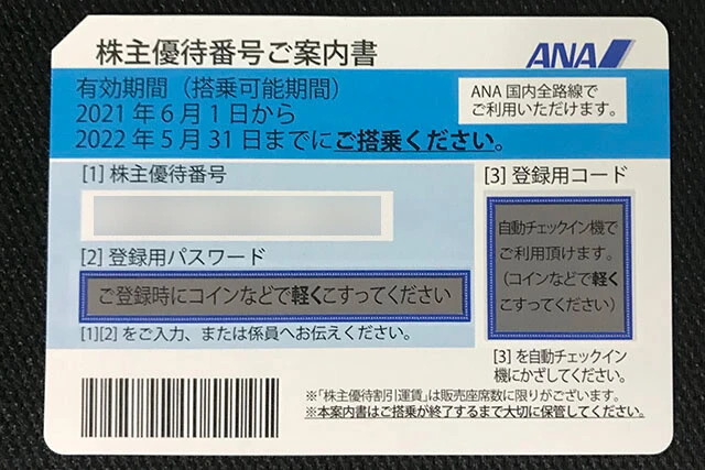 国内路線の運賃が正規料金の半額になるＡＮＡの株主優待券。出発前なら便の変更手数料が何度でも無料となるため、ビジネスの際に利用する人が多い