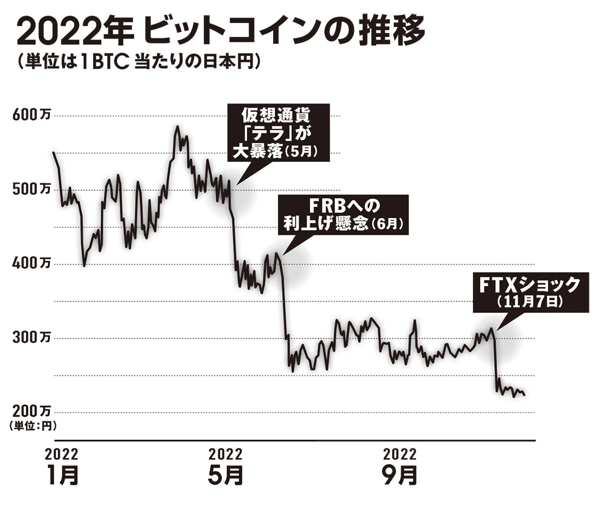 昨年11月に最高値をつけたビットコイン。今年は年初から軟調に推移。5月、6月、そして11月と3段階で下げ、最高値からは3分の1以下となった