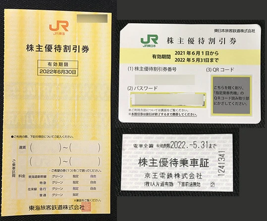 ショップで販売中の鉄道各社の株主優待券。ＪＲだけでなく、京王、東武、近鉄、名鉄など大手私鉄の優待券も販売