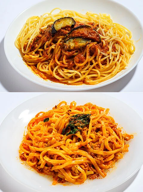 週プレ36号の完全栄養食食べ比べ企画で、識者3人が満場一致で評価したのが「冷凍完全メシ ボロネーゼスパゲティ」（上）と「汁なし担々麺」（下）。全国スーパーで購入可能だ