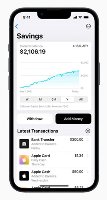 「アップル銀行」の利用画面。右上にはAPY(=年利)4.15%の表示が。スマホから申し込みをすれば30秒ほどで口座を開設できる(出典:アップル公式サイト)