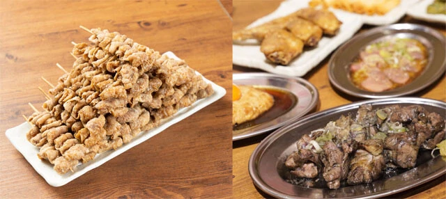 （写真左）甘辛くカリカリな「伝串」を36本重ねた「新時代ピラミッド」は、見た目のインパクトも抜群。名物の「伝串」だけでなく、国産親鶏を炭火で焼いた「どる焼き」（右写真手前・480円）などボリュームのあるメニューも。また生ビール以外に、1Lの「メガハイボール」も450円とお得