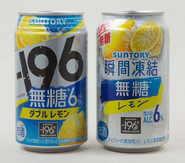 アルコール度数6％の無糖シリーズも併せてリニューアル。ストロングゼロシリーズと統一感あるデザインとなった。右は従来のもので、左がリニューアル後のもの