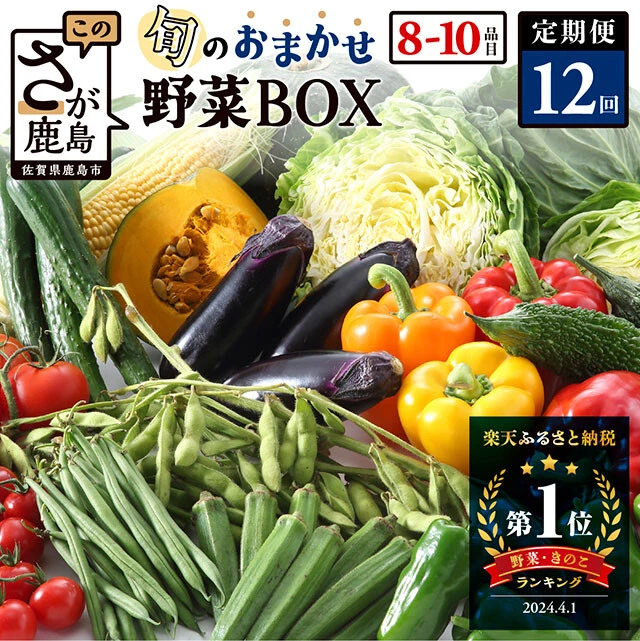 《佐賀県鹿島市》旬のお任せ野菜BOX／寄付金額　6万円／新鮮な旬の野菜が、8～10種類ものバラエティに富んだ内容で届く。毎回何が入っているかはお楽しみ。全12回で、配送頻度は月2回、毎月から選べる