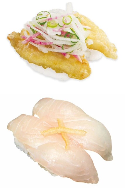 くら寿司では期間限定で低利用魚を使ったメニューを提供している。上が「天然シイラ香味揚げ」、下が「ゆず漬けボラ」（共に現在は販売終了）