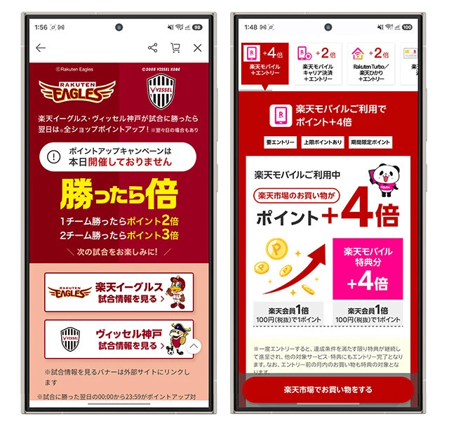 楽天モバイル（月額1078円～）は加入するだけで、＋4倍にアップすることができる（要エントリー）。楽天経済圏の住人にとってはドーピング級の倍率スペック。大規模セール以外での倍率アップキャンペーンも多く、中でも楽天イーグルスとヴィッセル神戸の勝利が条件となる「勝ったら倍」は最大で＋2倍に！
