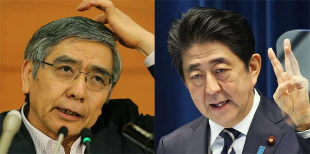 2013年に始まったアベノミクスは機動的な財政出動と黒田東彦（はるひこ）・前日銀総裁（左）による異次元緩和を組み合わせたもので、非伝統的な金融政策を採用していた