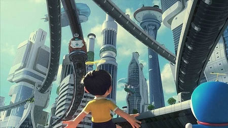 未来の世界をタケコプターで飛翔! (C)2014「STAND BY ME ドラえもん」製作委員会