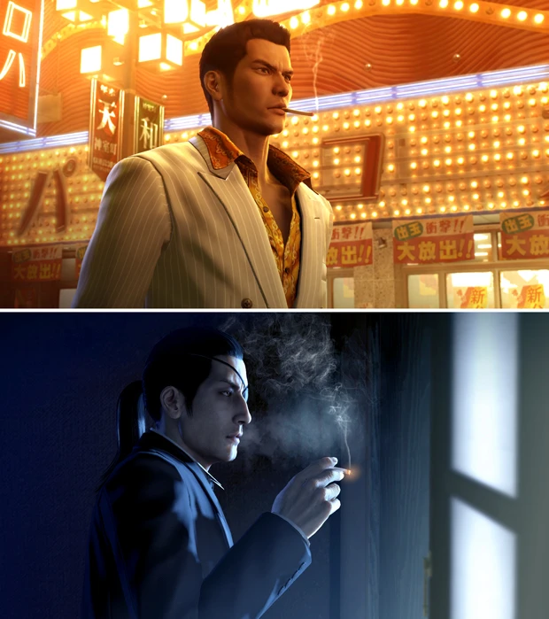 シリーズを通しての主人公、桐生一馬(画像上)と真島吾朗(画像下)。真島編では大阪の道頓堀をモデルにした蒼天堀が舞台となる