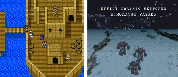 【画像左】『ドラクエⅤ』(1992年)は主人公とその父パパスのふたり旅から物語の幕が上がる。主人公の少年期から描き、時が流れ結婚をし、父となる大河ドラマ顔負けの壮大なストーリーは衝撃的だった【画像右】堀井氏が度肝を抜かれたという『ファイナルファンタジーⅥ』(1994年)の雪原を進むオープニングシーン。映像美もさることながら謎の少女ティナなど各キャラに深みを持たせた群像劇が圧巻!