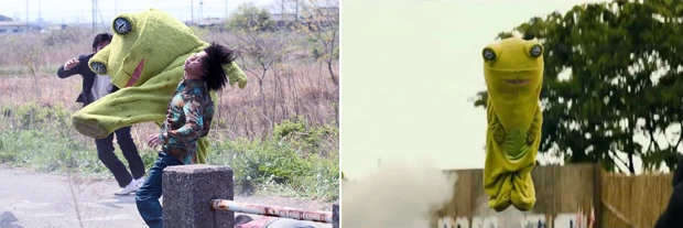 素手の格闘やバットやヌンチャクを使ったアクション。さらにはトラックに跳ねられたり、ロケット射出されたりとキレキレのKAERUくん