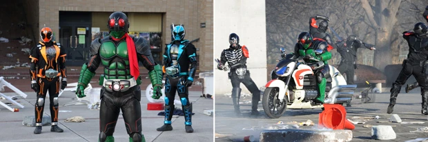 【左】原点、そして最新ライダーの最強チームが爆誕!!【右】シリーズのうりであるバイクアクションも大充実!