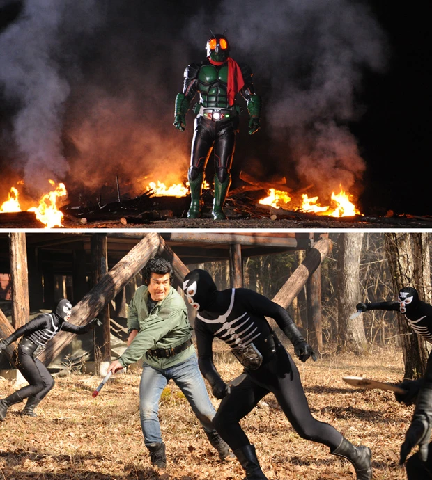 【上】45年前よりもボリューム感のあるシルエットになった仮面ライダー1号【左】ショッカーとの激しい戦闘シーンも見どころだ