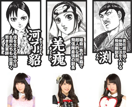 ★AKB48メンバーを『キングダム』のキャラに 置き換えると……【高橋朱里=河了貂】年齢は若いが、人を動かすリーダーの気質あり。チーム4のキャプテンで横山からの信頼を受ける朱里がぴったり!?【入山杏奈=羌カイ】信とタメを張る武力ながら秘めたる美貌。AKBのビジュアルクイーンである彼女も他のアイドルに負けない戦闘力を持つ【木﨑ゆりあ=渕】酸いも甘いも噛み分けた大人な存在感で隊を支える渕。ゆりあもSKE48とAKB48をどちらも経験したベテラン戦士だ