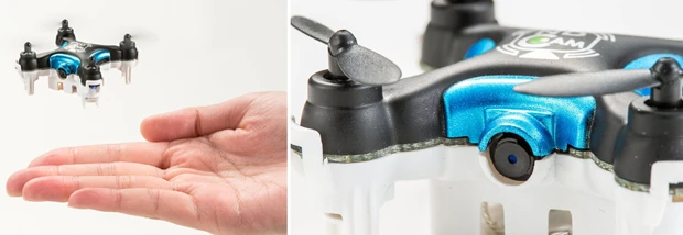 【左】全幅約44mm、直径約75mm(プロペラ含む)という超マイクロサイズの飛行型ドローン。極小サイズでもホバリングや宙返りなどもでき、通常のドローンと変わらない飛行スペックです!【右】本体前面にはカメラを装備。画像&動画の撮影に対応し、撮影データは別売りのmicroSDに保存