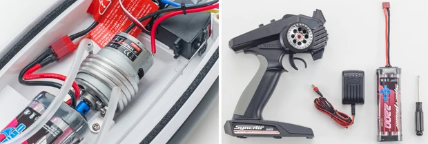 【左】プロポやバッテリーもセットで即遊べるレディセットで発売中【右】ボード内部に駆動系を配置。モーターには冷却用のウオータージャケットを装備し、安定したパワー供給を実現している