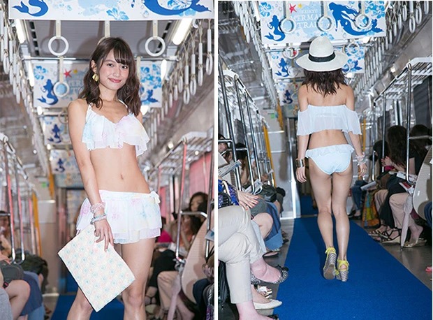 大きなフリルのついた、「オフショルダー」タイプの水着で魅せる武田あやな