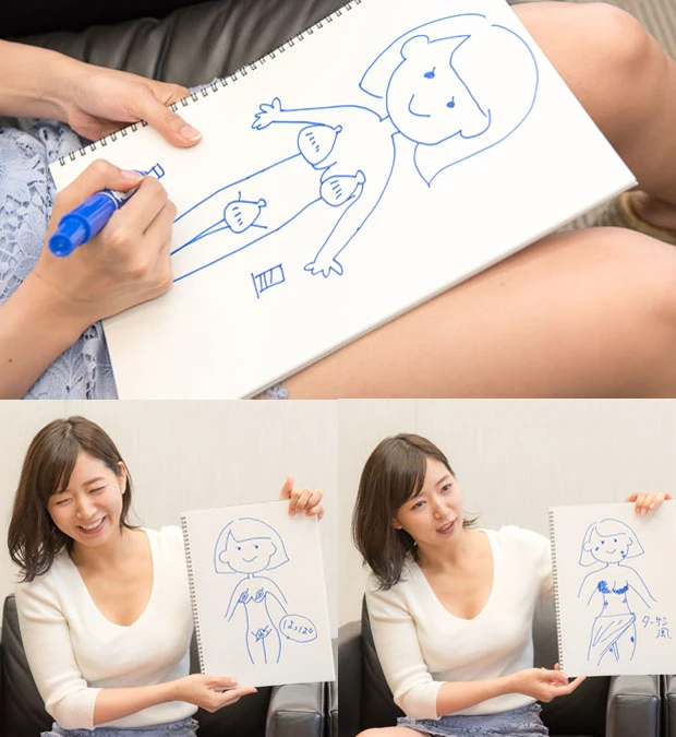 階戸がこれから着てみたい変形水着は「貝殻」(上)、「葉っぱ」(左下)、「泥」(右下)