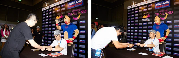 握手会の様子。中には、ゆでたまご嶋田先生のタイ降臨を拝むファンもいた