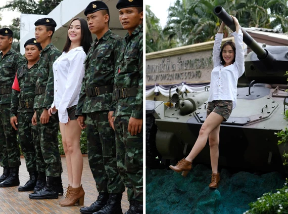  同僚となるハズだった（？）タイの若き兵士たちと（左）。戦車の主砲にぶらさがるモンタナちゃん（右）