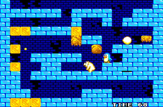 『penguinland』(セガ・マスターシステム 1987年発売)。日本では『どきどきペンギンランド 宇宙大冒険』のタイトルで知られる、卵を下へ下へと運ぶアクションパズルゲーム。当時の家庭用ゲームソフトとしては画期的なステージ作成機能を搭載。2人は子供の頃、このゲームを夢中で遊ぶことでゲーム作りを学んだ。(C)SEGA