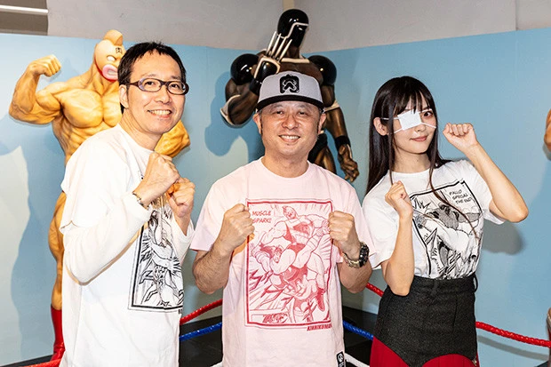 「キン肉マン　友情の４０周年展」東京会場開催に駆け付けた清野茂樹、ゆでたまご・嶋田隆司、声優の上坂すみれ（写真左から）