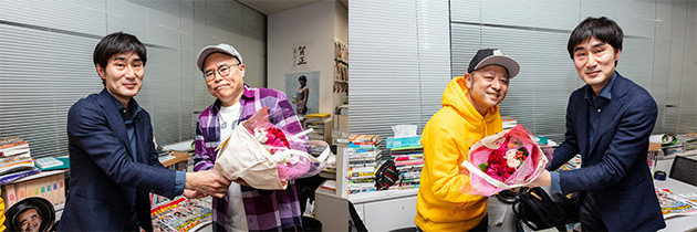週プレの本物の編集長から40周年を記念した花束を贈呈